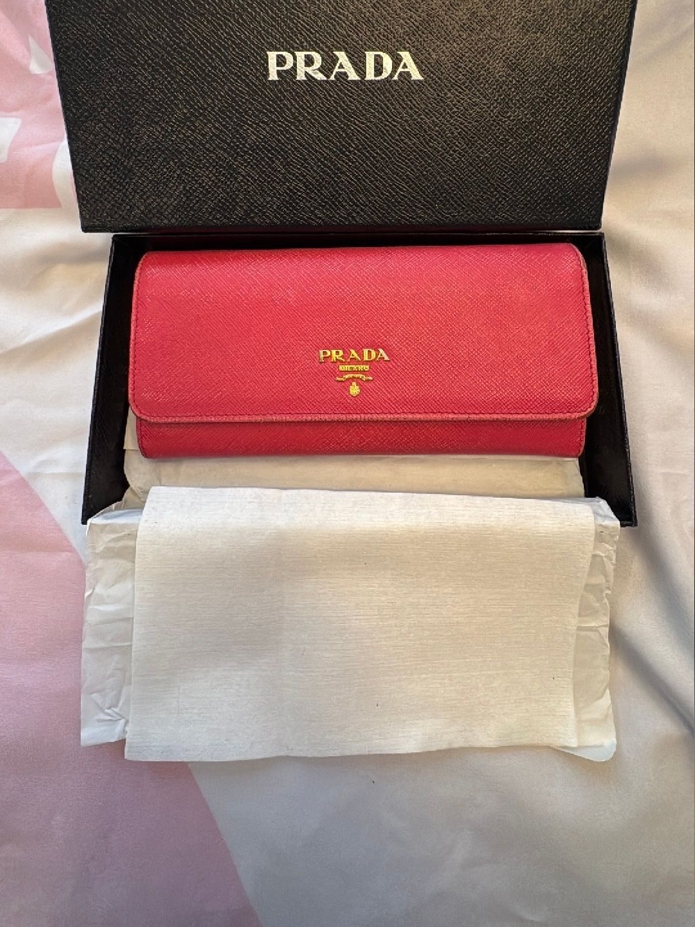 Prada Pink Saffiano Leather Continental Wallet with Gold Logo